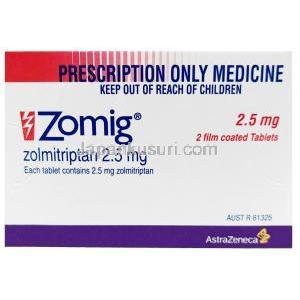 ゾーミッグ,ゾルミトリプタン 2.5mg, 2 錠, 製造元：アストラゼネカ, 箱表面