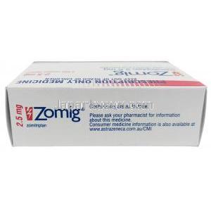 ゾーミッグ,ゾルミトリプタン 2.5mg, 2 錠, 製造元：アストラゼネカ, 箱上面