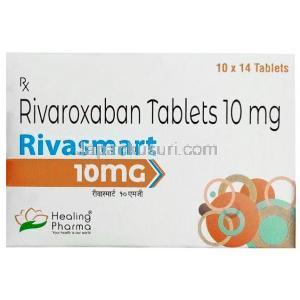 リバスマート, リバロキサバン 10 mg, 14錠, 製造元：Healing Pharma India Pvt Ltd, 箱表面