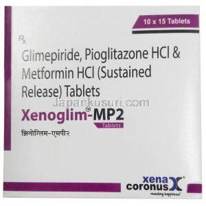 ゼノグリム MP2,グリメピリド 2 mg/ メトホルミン 500 mg/ ピオグリタゾン 15 mg,製造元：Xena Coronus Health Care Pvt Ltd, 箱表面