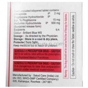 ゼノグリム MP2,グリメピリド 2 mg/ メトホルミン 500 mg/ ピオグリタゾン 15 mg,製造元：Xena Coronus Health Care Pvt Ltd, 箱情報