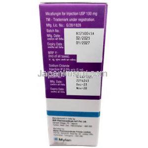 ミカラン 注射, ミカファンギン 100 mg, バイアル, 製造元：Mylan Pharmaceuticals Pvt Ltd, 箱情報, 製造日, 消費期限
