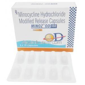 マイノス OD 100, ミノサイクリン 100 mg,カプセル (徐放性), 製造元：Sun Pharma,箱, シート
