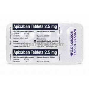 アピキサバン 錠 2.5mg, 包装裏面