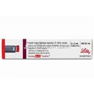 ヒューマログ ミックス 50 クイックペン, Insulin インスリンリスプロ 100 IU/mL(50/50),ペン注射 5 X 3mL, 製造元：Eli Lilly, 箱上面