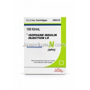 ヒューミンスリン N 注射, フェンインスリン 100 IU/mL, 5 X 3 mL カートリッジ 製造元：Eli Lilly, 箱表面
