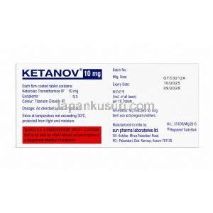 ケタノフ, ケトロラク 10mg, 製造元：Sun Pharma, 箱情報