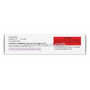 ヘルペックス クリーム,  アシクロビル 5%,クリーム I.P, 5g, 製造元：Torrent Pharmaceuticals Ltd,箱情報, 成分, 注意事項