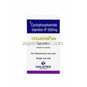 シクロステッド注射, シクロホスファミド 500 mg, 製造元：Halsted Pharma, 箱表面