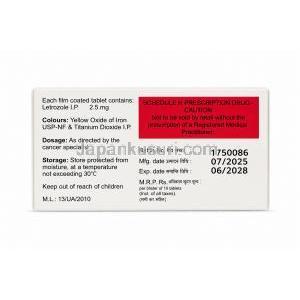 レトロナット, レトロゾール 錠剤 2.5 mg, 箱裏面（成分・用法・保存方法・製造情報）