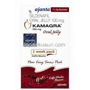カマグラゼリー, シルデナフィル 100mg オーラルゼリー 7 包 x 5 g ゼリー (モカコーヒー味), 製造元：Ajanta Pharma, 箱表面