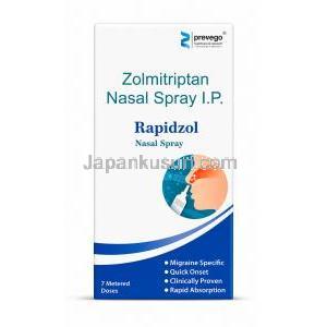 ラピドゾール点鼻薬, ゾルミトリプタン 5 mg/ 回, 点鼻薬 7回分, 製造元：Prevego Healthcare, 箱表面