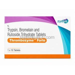 トロンボザイム フォルテ, ブロメライン 180mg/ トリプシン 96mg/ ルトシド 200mg, 製造元： Zydus Cadila, 箱表面