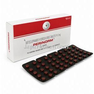 ペリノーム, メトクロプラミド 10 mg, 製造元: Ipca Laboratories, 箱正面とPTPシート
