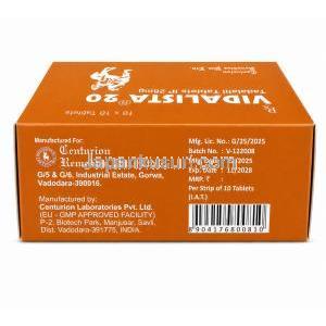 ビダリスタ 20, タダラフィル 20 mg, 製造元: Centurion, 箱側面