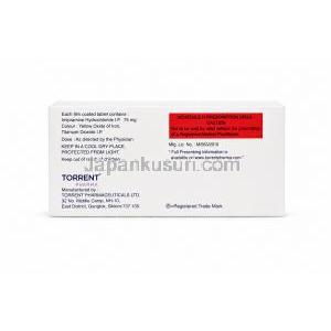 アンチデップ, イミプラミン塩酸塩 75mg, 製造元: Torrent Pharma, Box back view