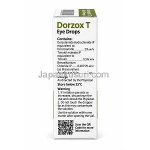 ドルゾックス T 点眼薬, ドルゾラミド 2% w/v/ チモロール 0.5% w/v, 点眼薬 5 mL, 製造元：Cipla, 箱情報, 成分