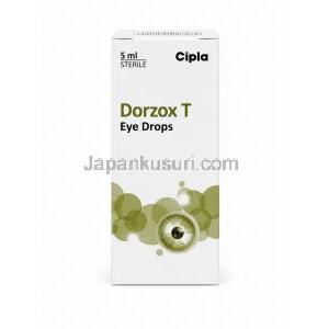 ドルゾックス T 点眼薬, ドルゾラミド 2% w/v/ チモロール 0.5% w/v, 点眼薬 5 mL, 製造元：Cipla, 箱裏面