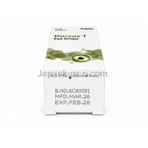 ドルゾックス T 点眼薬, ドルゾラミド 2% w/v/ チモロール 0.5% w/v, 点眼薬 5 mL, 製造元：Cipla, 箱情報, 製造日, 消費期限