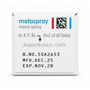 メタスプレー, モメタゾン 点鼻液噴霧用 50 mcg/回, 天日駅 100回分,製造元： CIPLA, 箱情報, 製造日, 消費期限