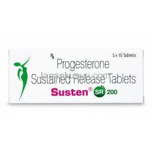 サステン SR 200, 微粉化天然プロゲステロン 200mg, 徐放性錠, 製造元：Sun Pharma, 箱表面