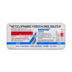 エメノーム, メトクロプラミド 10 mg, 製造元：Intas Pharmaceuticals, シート情報