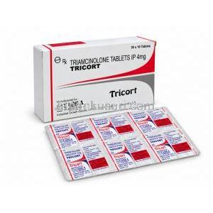 トリコルト, トリアムシノロン 4mg, 製造元: Cadila Pharmaceuticals, 箱と錠剤シート