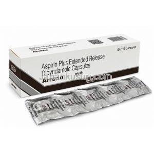 アレノ, アスピリン 25mg/ ジピリダモール 200mg, 製造元: Intas Pharmaceuticals Ltd, 箱とPTPシート