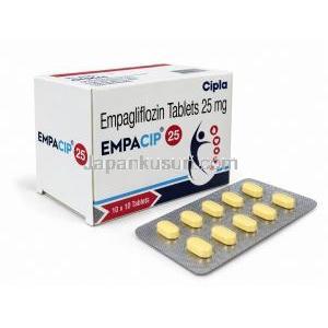 エンパシップ 25, エンパグリフロジン 25 mg, 製造元: Cipla, 箱と錠剤ブリスターシート