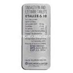 エタリーズS10 Etalize-S 10, シンバスタチン, 10mg, エゼチミブ, 10mg 錠 包装裏面