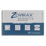 ゾビラックス Zovirax, 5% アシクロビル 2g, 発疹・疱疹クリーム 箱記載情報