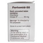 フェートミッド50 Fertomid-50,クロミッド ジェネリック, クロミフェン,50mg 箱側面・成分情報