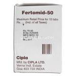 フェートミッド50 Fertomid-50,クロミッド ジェネリック, クロミフェン,50mg 箱側面・製造者情報