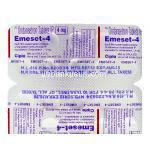 エメセット Emeset, ゾフラン  ジェネリック, オンダンセトロン  4mg 錠, 包装裏面