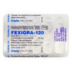 フェキシグラ Fexigra, アレグラ ジェネリック, フェキソフェナジン  120mg 錠, 包装裏面