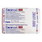 エクサーメット Exermet, グルコファージ ジェネリック, メトホルミン 1000mg 持続性錠, 包装裏面