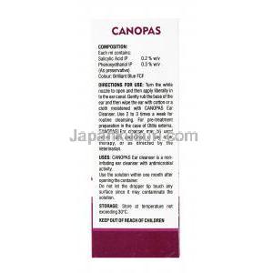 カノパス,サリチル酸, イヤークリーナー0.2% 50ml,製造元： SAVA Vet, 箱裏面,有効成分,使用量,使用方