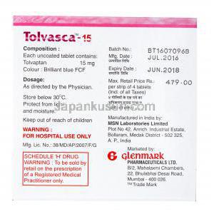 サムスカ ジェネリック,トルバスカ-15, トルバプタン 15mg, 製造元：Glenmark,箱裏面情報,有効成分,使