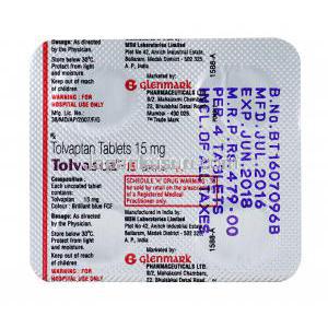 サムスカ ジェネリック,トルバスカ-15, トルバプタン 15mg, 製造元：Glenmark,シート裏面情報