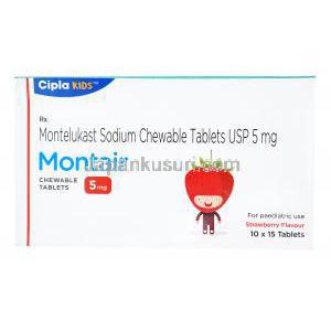 モンテア, モンテルカストナトリウム チュアブル錠,5mg, 製造元：Cipla,子供用,箱表面