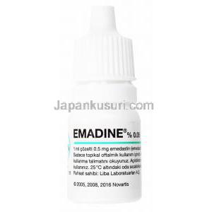 Emadine, Emedastine Eyedrops, 0.05% 5ml, Bottle front presentation with information