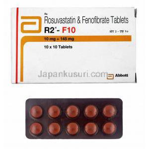 R2-F (フェノフィブラート/ ロスバスタチン) 10mg 箱、錠剤