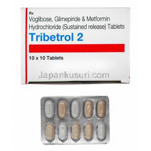 トリベトロール (グリメピリド 2mg/ メトホルミン 500mg/ ボグリボース 0.2mg) 箱、錠剤