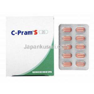 シープラム S (エスシタロプラム) 20mg 箱、錠剤