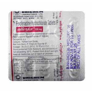 アレルフェックス (フェキソフェナジン) 120mg 錠剤裏面