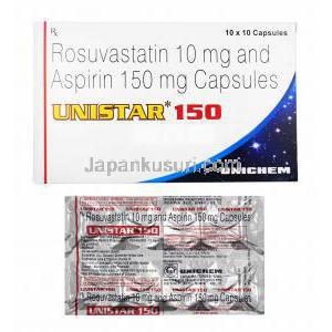 ユニスター (ロスバスタチン 10mg/ アスピリン 150mg)  箱、カプセル