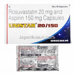 ユニスター (ロスバスタチン 20mg/ アスピリン 150mg)  箱、カプセル