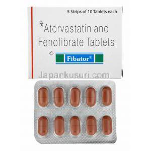 フィバター (アトルバスタチン 10mg/ フェノフィブラート 145mg) 箱、錠剤