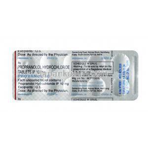 プロバノール（プロプラノロール） 10 mg,錠剤, シート情報