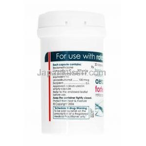 エアロコート・フォルテAerocort Forte, プロピオン酸ベクロメタゾン / サルブタモール 100mcg/ 200mcg  カプセルボトル裏面